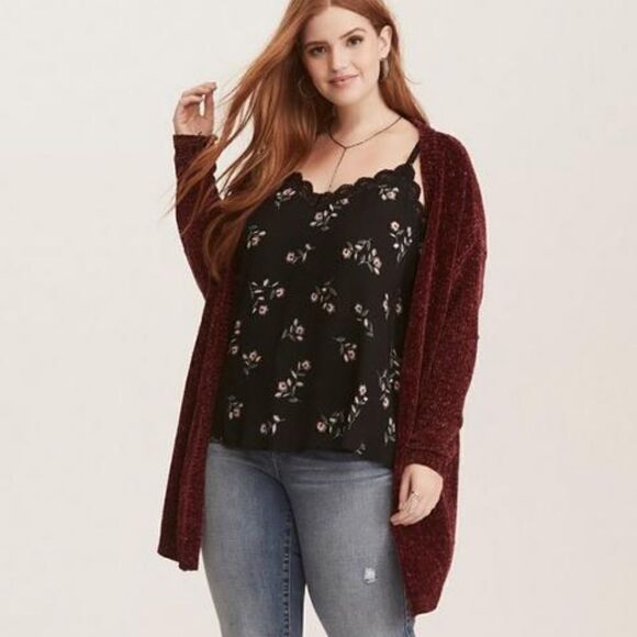 Torrid Black Floral Print Georgette Flowy Lace Trim Cami Tank Top - Picture 1 of 16